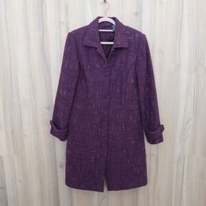 Hillard & Hanson Womens Wool Blend Trench Coat 10 Purple Tweed Preppy Classic